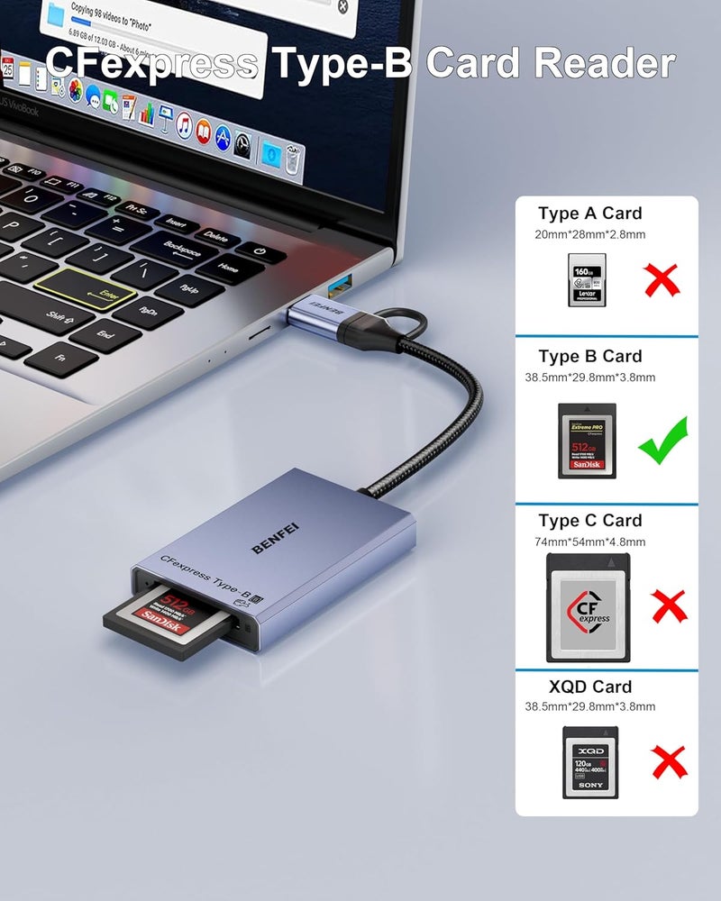 Benfei قارئ بطاقة CFexpress من النوع B مع USB 3.2 (الجيل 2) بسرعة 10Gbps، محول 2 في 1 USB-C وUSB-A، متوافق مع Windows/Mac/Linux/Android (غير متوافق مع بطاقة XQD) - Image 2
